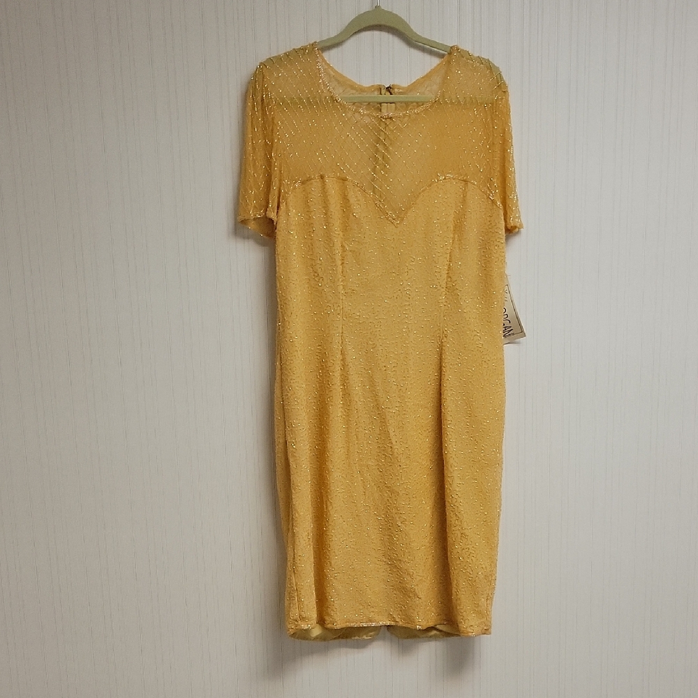 Miss Morgan Silk Honey Beaded Short-Sleeve Dress Large New Vintage